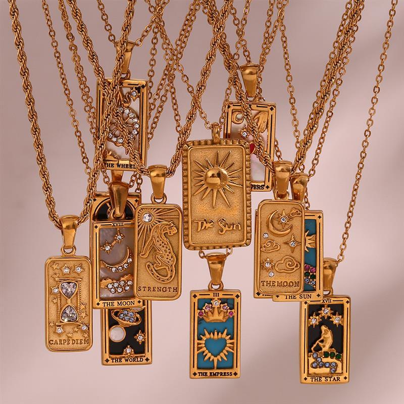 Stylish vintage rectangular  zircon Tarot necklace塔罗牌项链