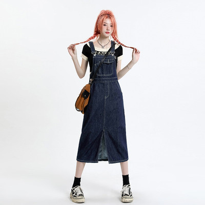 美式复古牛仔背带裙女2023春夏款高腰宽松显瘦减龄设计感背带裙