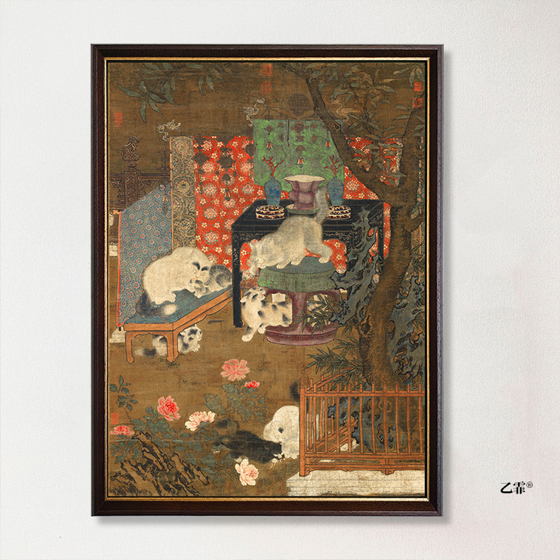 格调桔子 戏猫图 中古法式猫咪书房新中式茶室卧室挂画复古装饰画图片