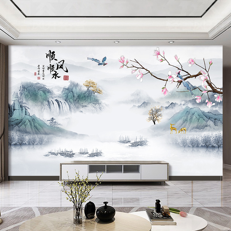 新中式电视背景墙壁布3d立体壁画客厅山水画壁纸影视墙布定制墙纸