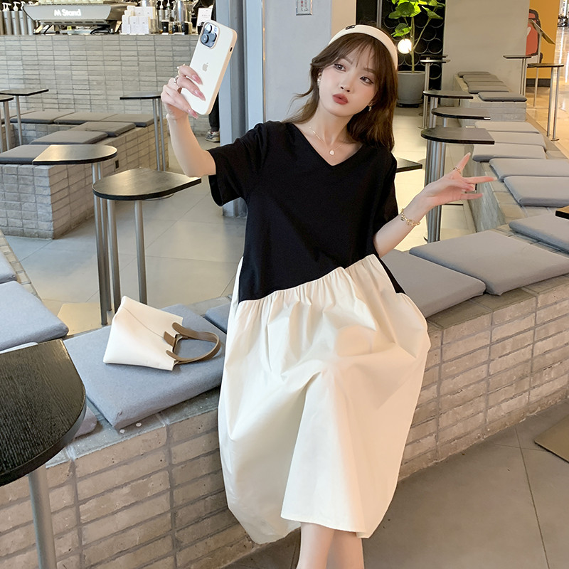 孕妇装夏装假两件拼色宽松大码夏季韩版网红孕妇裙