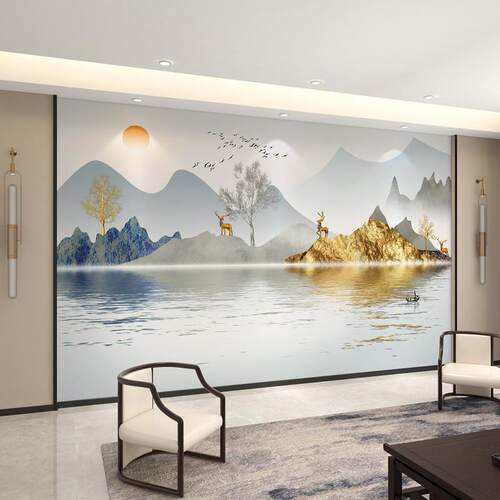 2025新款电视背景墙壁布客厅8d立体凹凸壁画中式山水壁纸墙布装饰