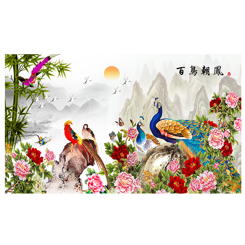 百鸟朝凤挂画招财纳福客厅沙发凤凰百鸟图墙画壁画自粘背胶布画