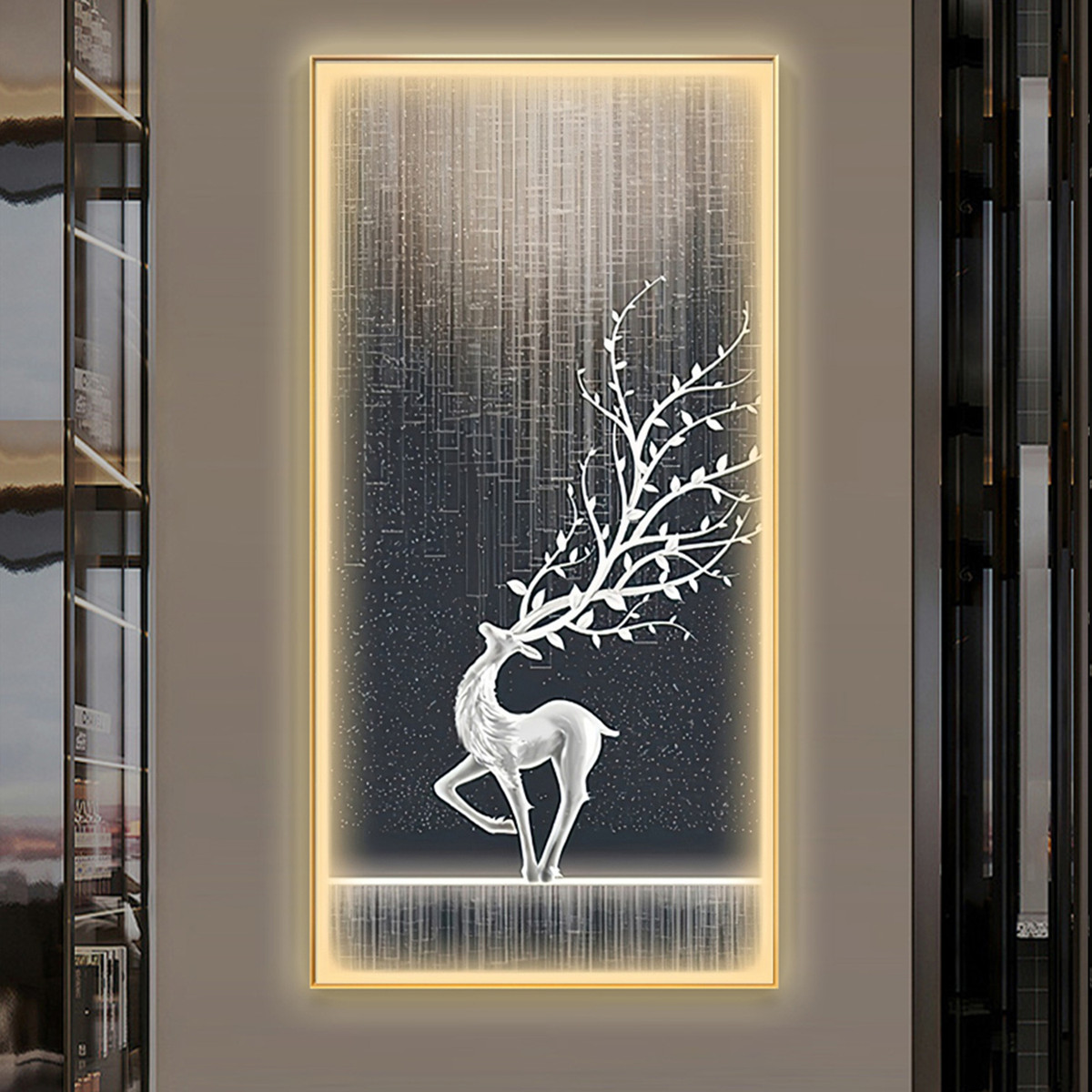 星空麋鹿轻奢风入户玄关晶瓷装饰画欧式过道挂画现代简约竖版壁画图片