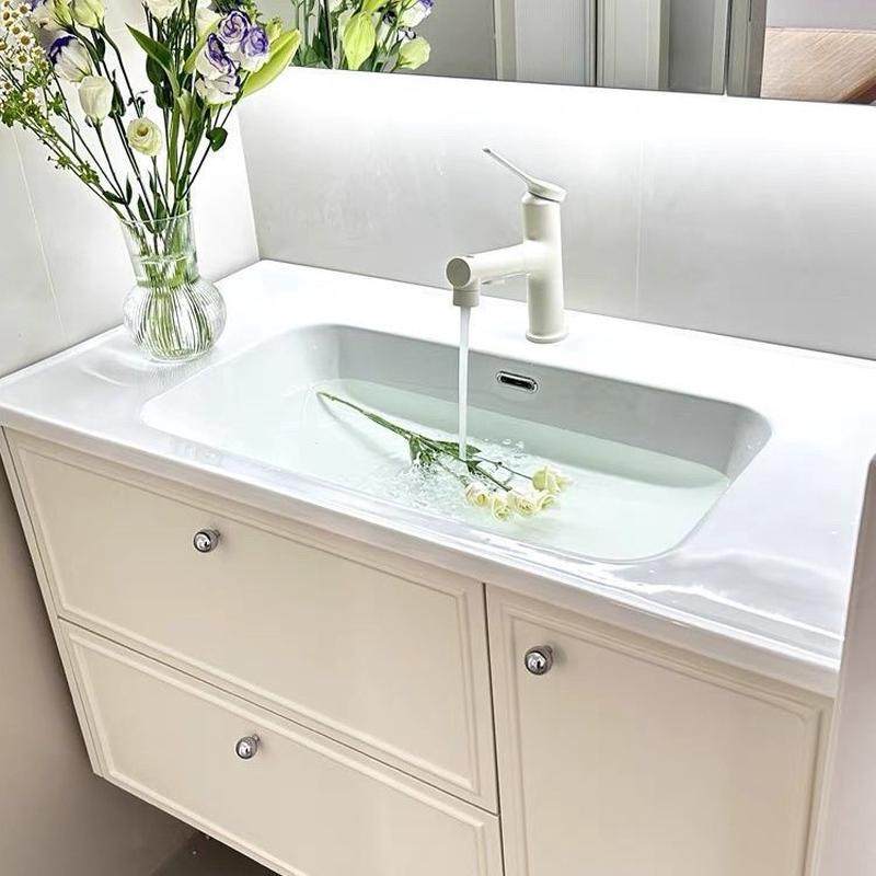 纯实木风洗手台洗脸洗漱台橡木烤漆奶油法式复古陶瓷一体盆浴室柜