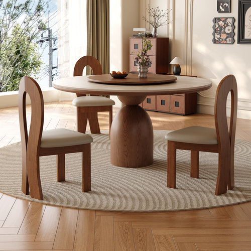 中古风洞石岩板实木圆餐桌带转盘