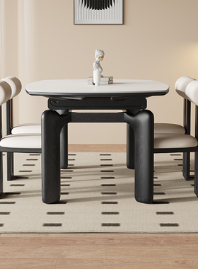 黑色复古风大象腿伸缩岩板餐桌可变圆桌折叠两用法式实木吃饭桌椅