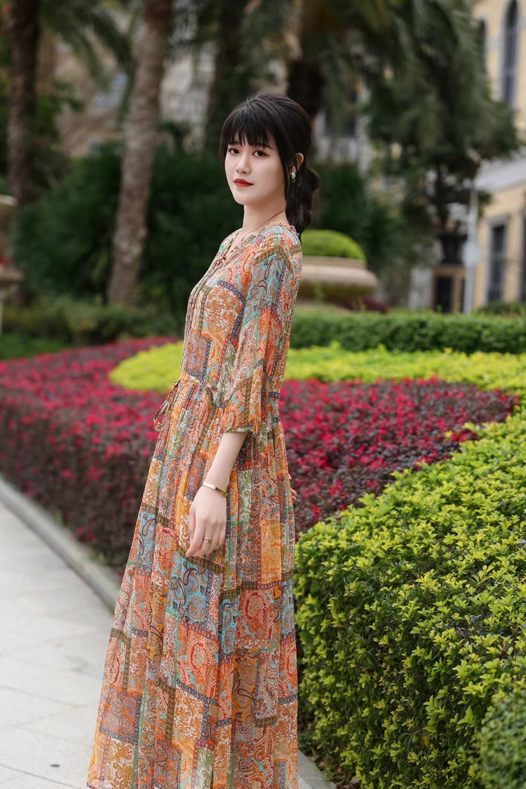 欧洲站2024春夏新款女裙欧货YR洋气减龄桑蚕丝印花收腰显瘦连衣裙