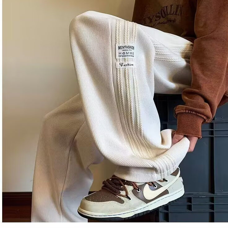 裤子男秋冬款美式加绒加厚潮牌宽松阔腿直筒裤青少年休闲运动长裤