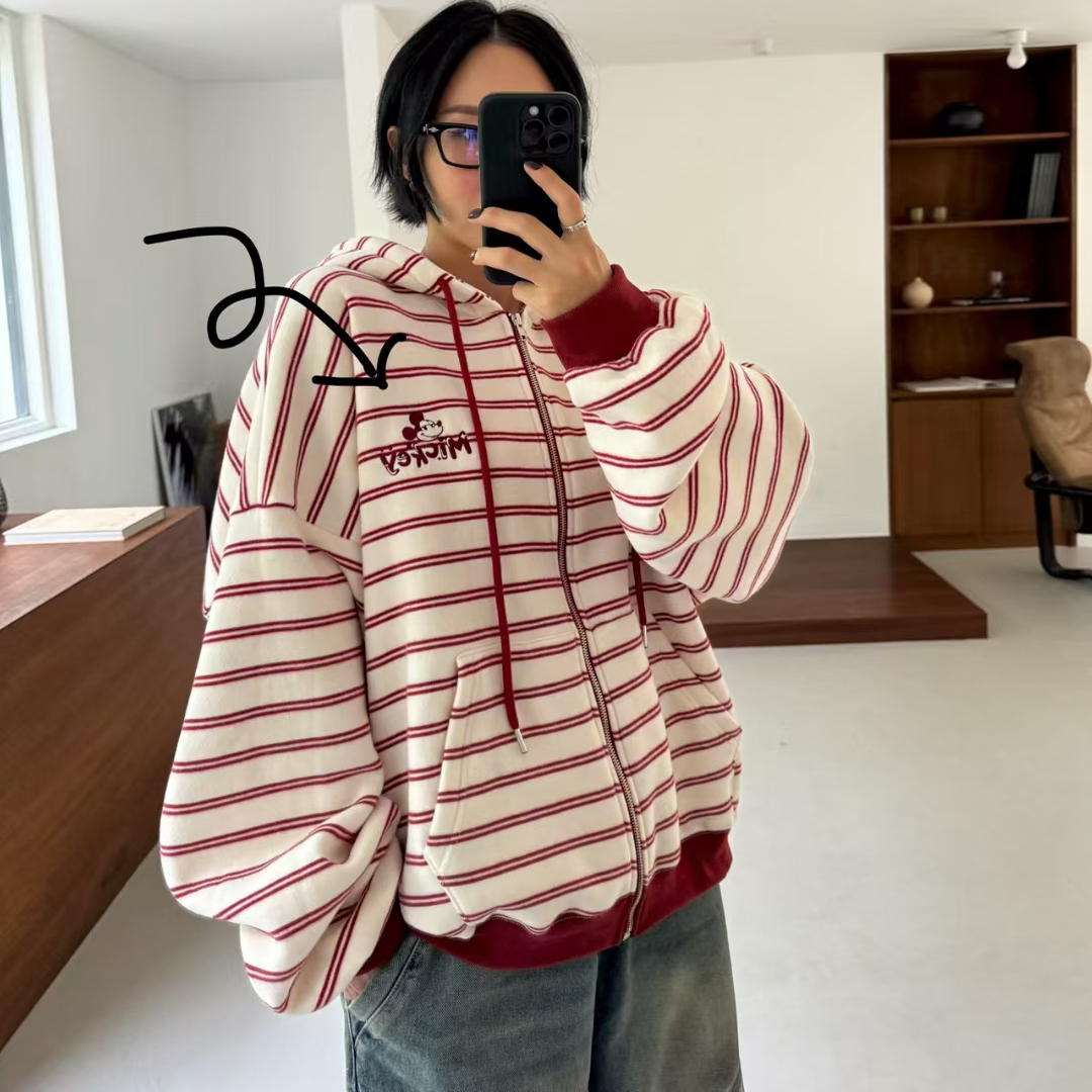 VOTUS韩国加绒米奇条纹卫衣外套