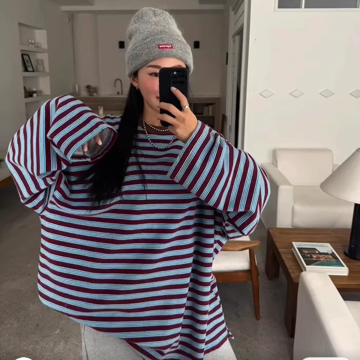 VOTUS韩国代购大版宽松加绒条纹卫衣女 2025秋冬季减龄休闲上衣