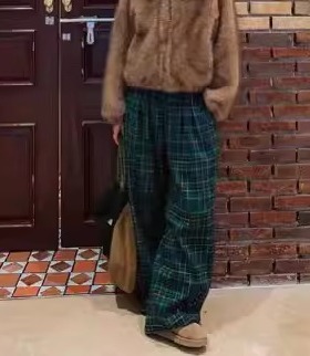 韩国东大门代购GVR家复古宽松松紧腰格子休闲裤女冬款长裤