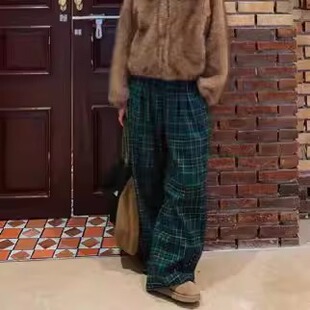 韩国东大门代购GVR家复古宽松松紧腰格子休闲裤女冬款长裤