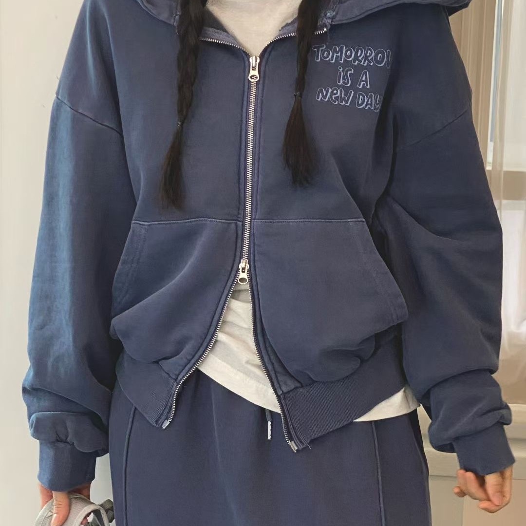 韩国水洗做旧连帽拉链卫衣女