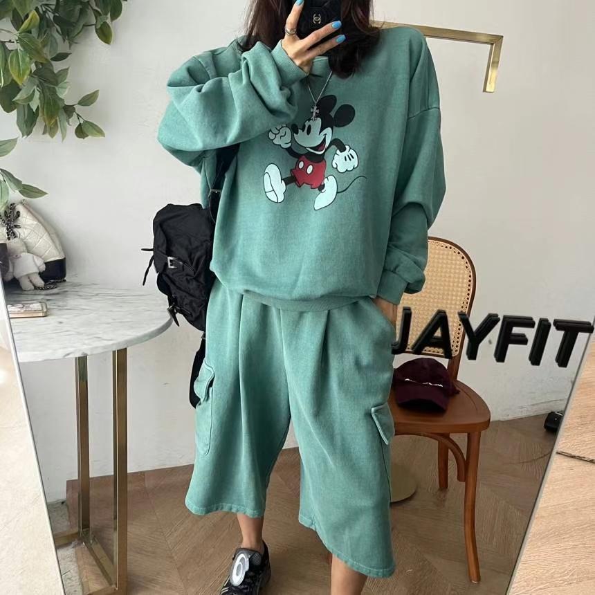 韩国水洗做旧米奇休闲运动套装女