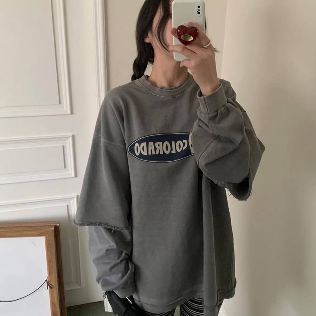 LOBBY韩国中性假两件长袖T恤