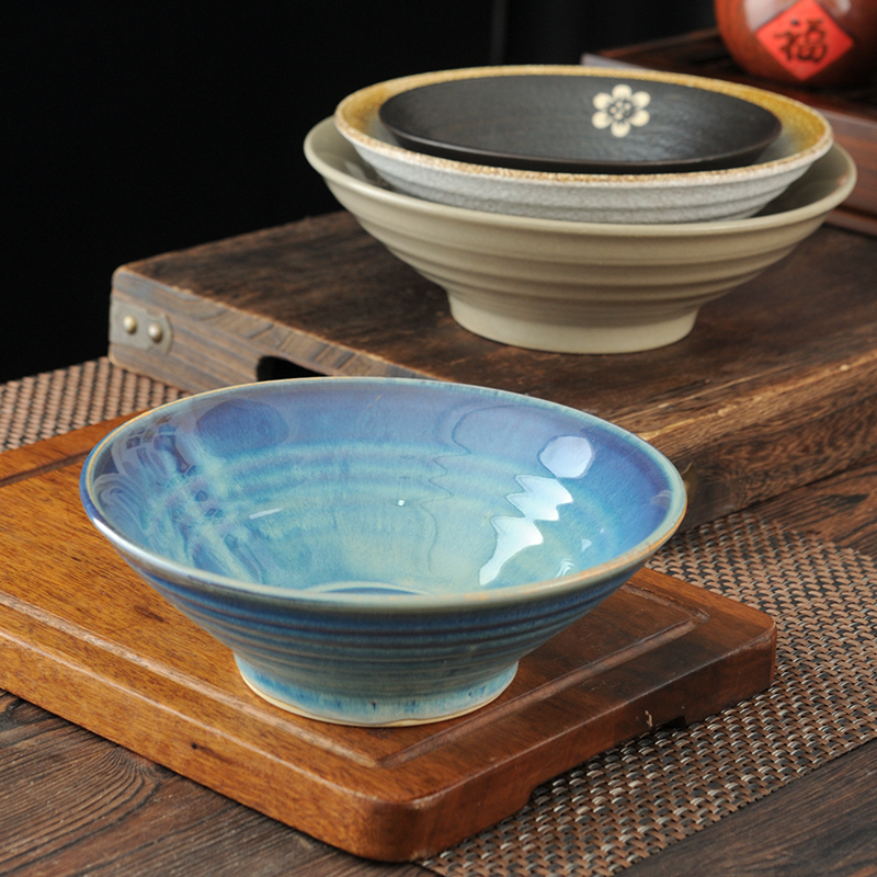 中式复古窑变蓝彩汤碗瓷喇叭斗笠