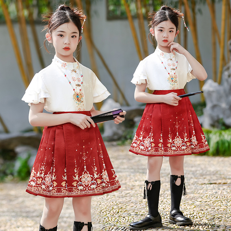 女童夏装2024短款马面裙套装儿童中大童汉服裙中国风夏天唐装裙子图片