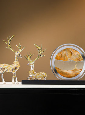 金箔招财鹿一路发财流沙画摆件