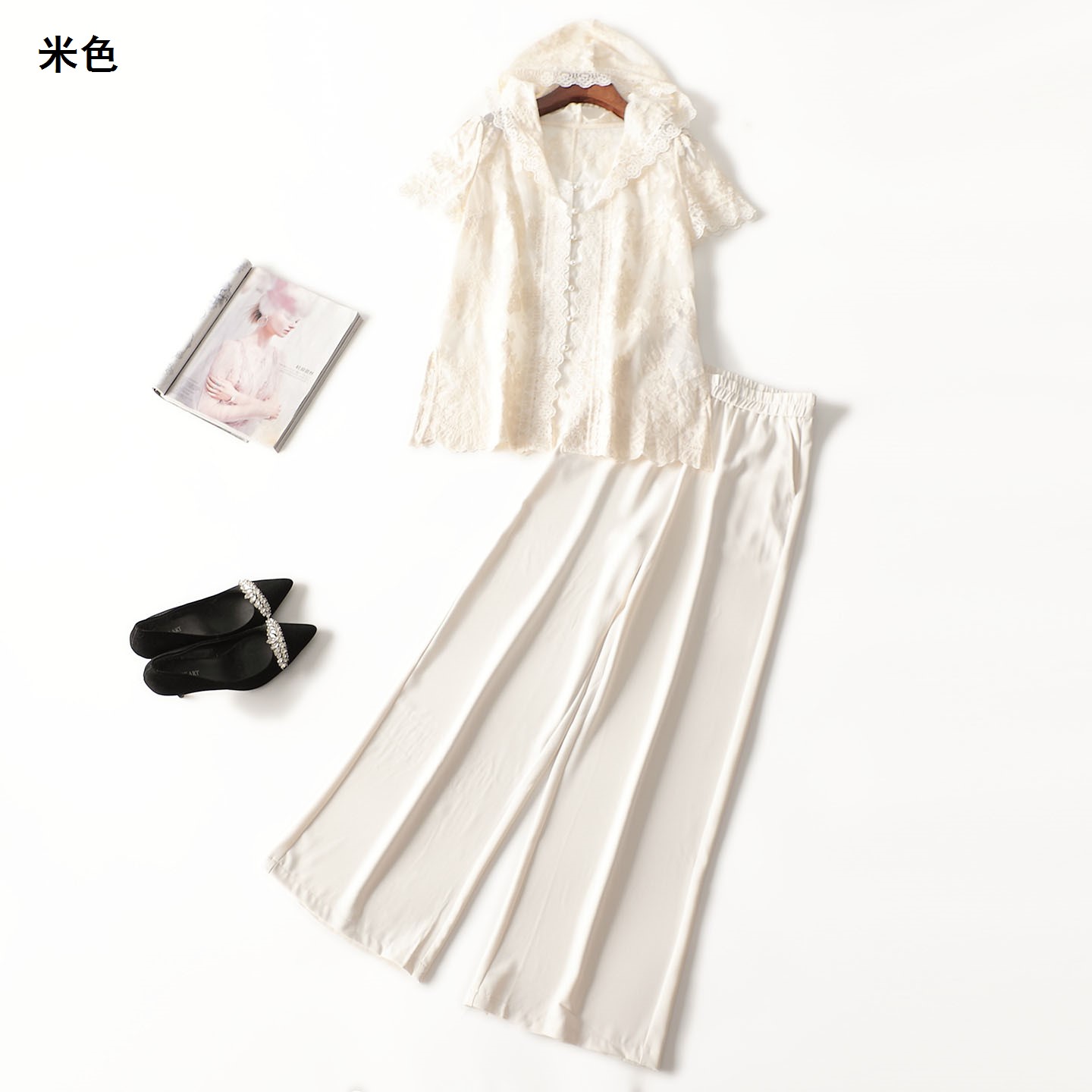 411843 夏天丝上衣裤子套装 女长款短袖连帽