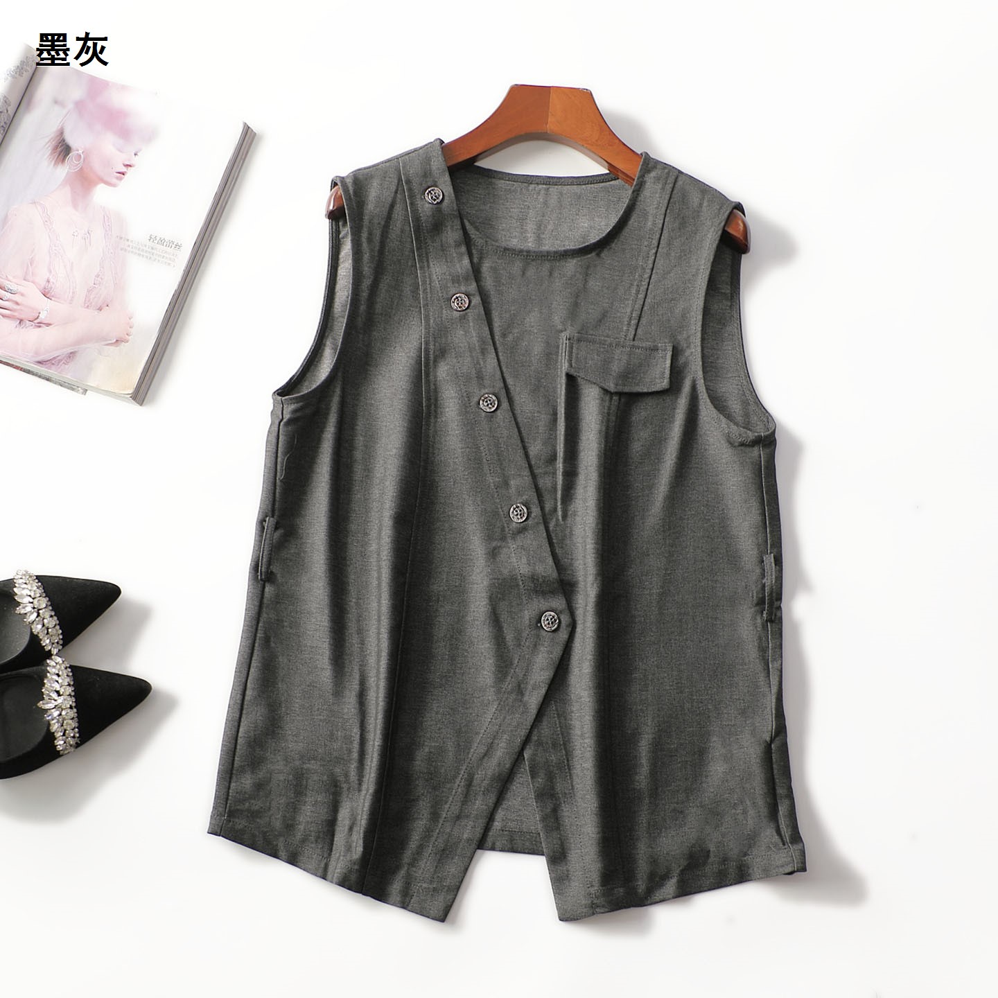 248424 春马夹 女中长款无袖单排扣.M.L.XL