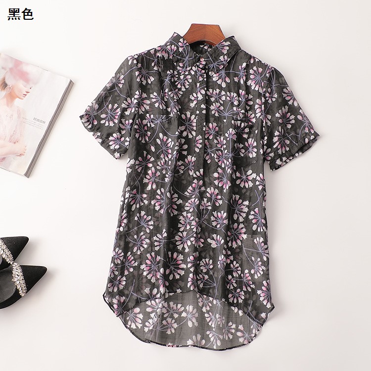 242981 夏天丝上衣 深圳女印花中长款短袖翻领