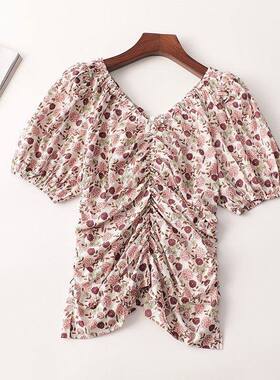 243013 夏上衣 深圳女印花中长款短袖一字领现货