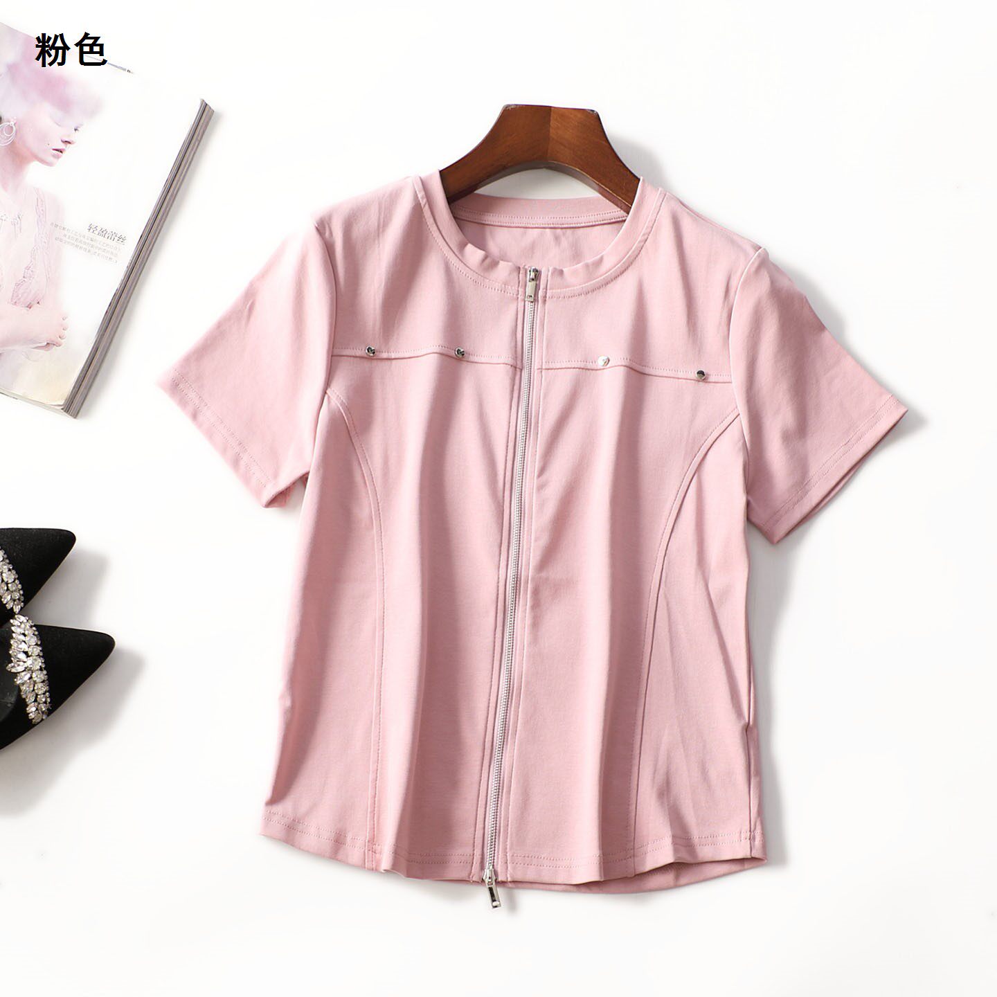 248977 夏T恤 女中长款短袖拉链.L.XL.3XL