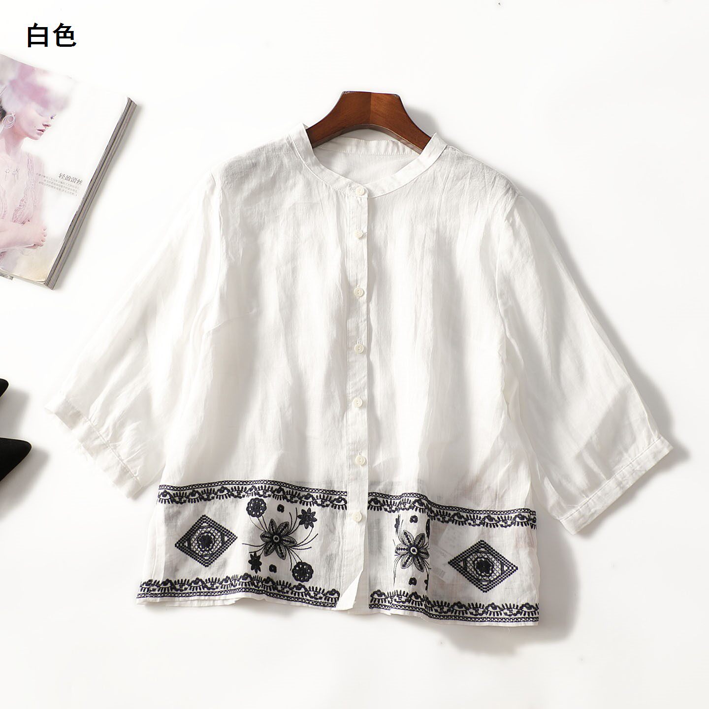 505950新款女装26年夏季重工刺绣宽松麻料夏中长款五分袖衬衫