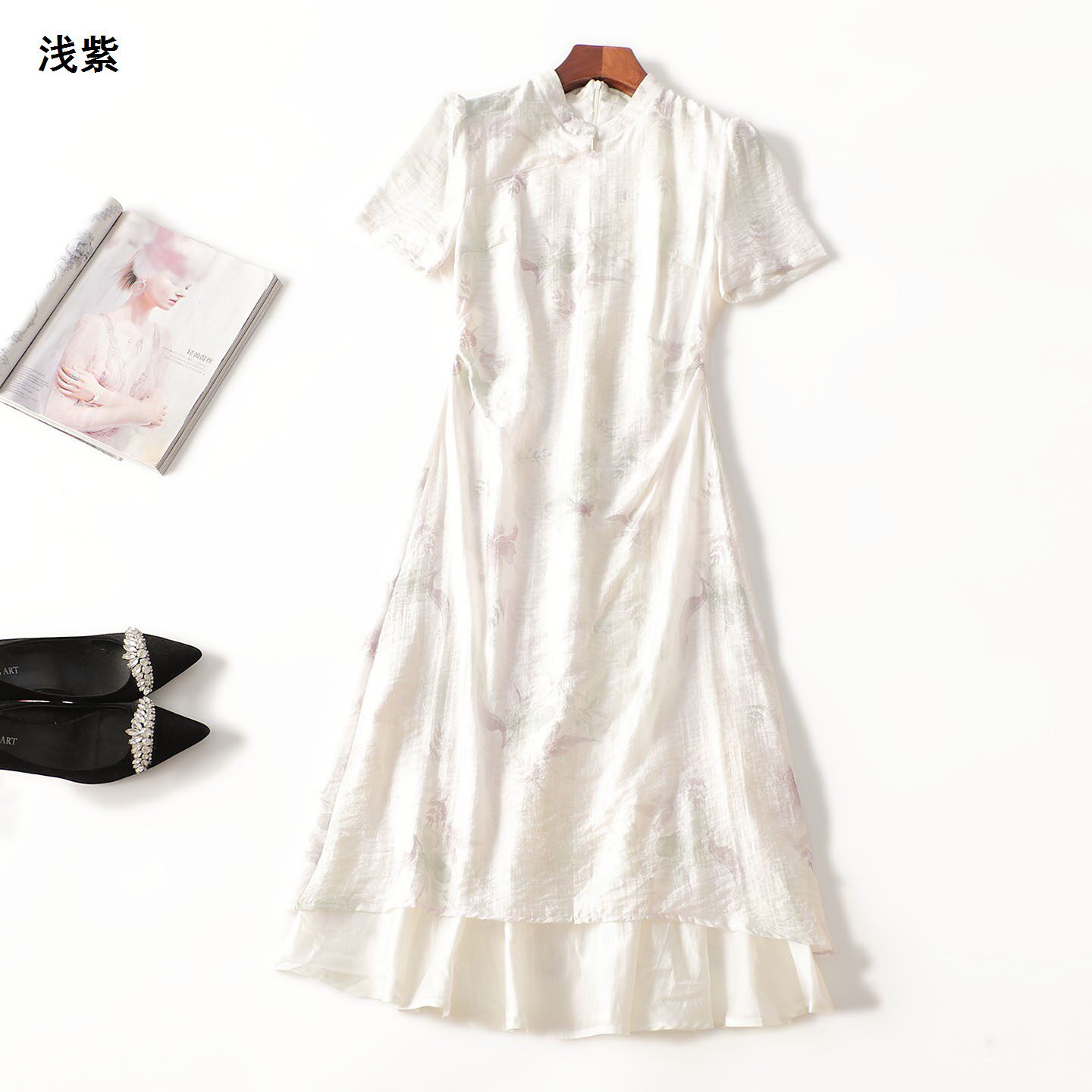 411711 夏加长款立领短袖连衣裙
