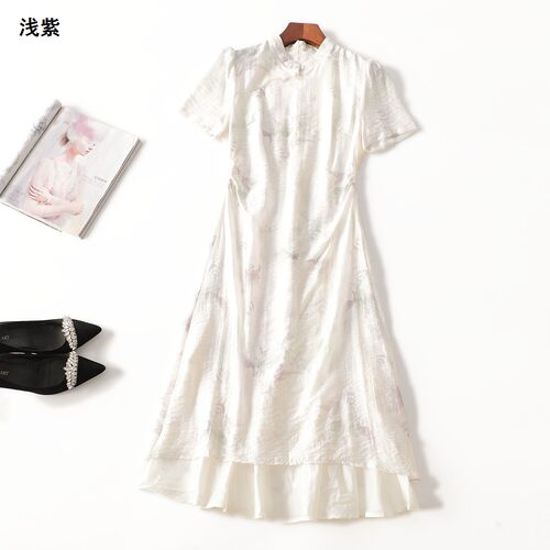 411711 夏连衣裙 女加长款短袖立领.M.L.XL