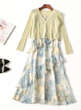 246022 春针织衫长裙套装 女吊带裙印花加长款九分袖V领.M.L