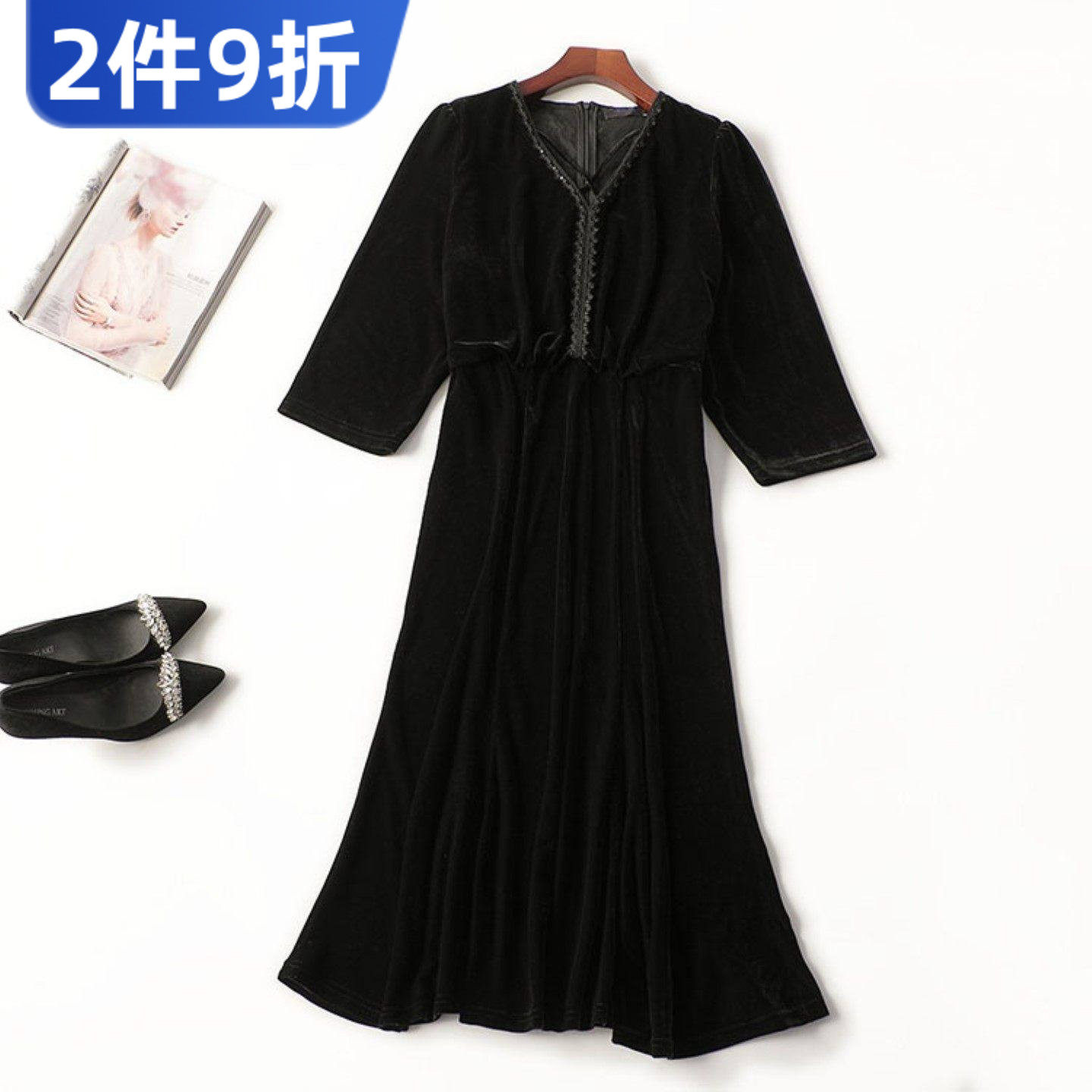 410609 秋连衣裙 深圳女加长款九分袖V领