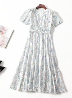 411460 夏连衣裙 女加长款短袖V领现货