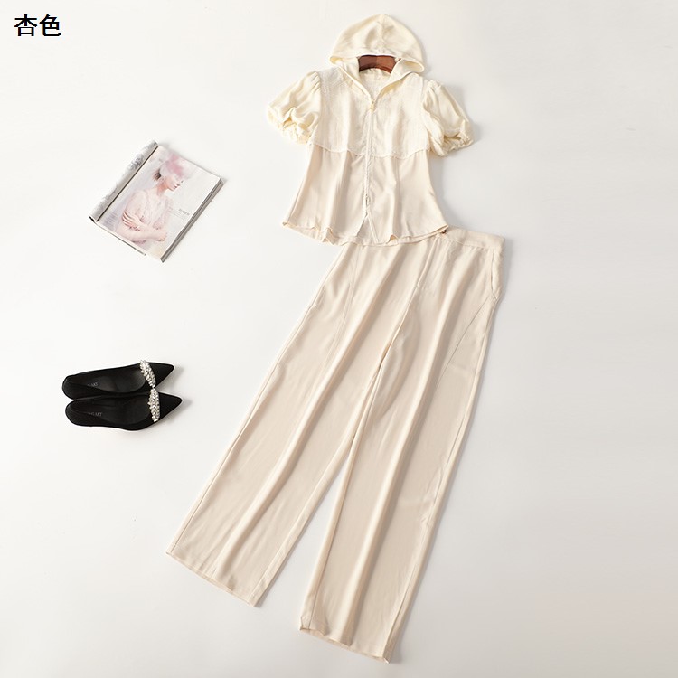 245944 夏外套裤子套装 女亮片长款短袖连帽