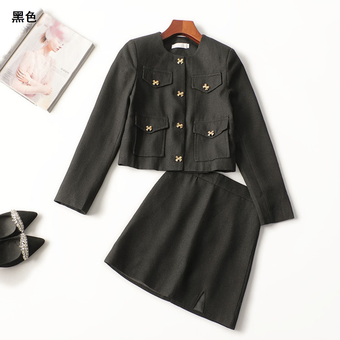 244964 秋外套半身裙套装 女短款长袖圆领清仓