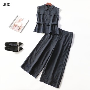 249707 夏马夹裤子套装 女九分无袖单排扣.M.L.XL.2XL