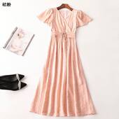243107 V领现货 短袖 夏天丝连衣裙 女加长款
