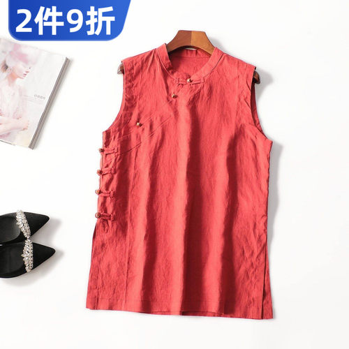 246124 夏麻上衣 女中长款无袖套头现货