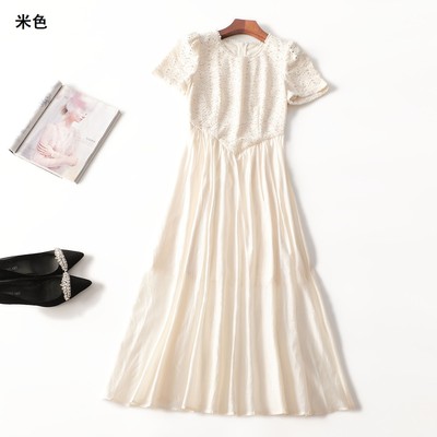 411939超值新款精品女装气质女人味重工天丝夏加长款短袖连衣裙