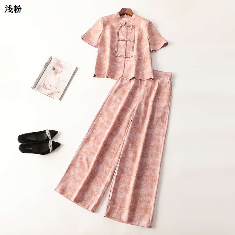 245511超值精品女装仿麻新中式国风春长款立领五分袖外套裤子套装