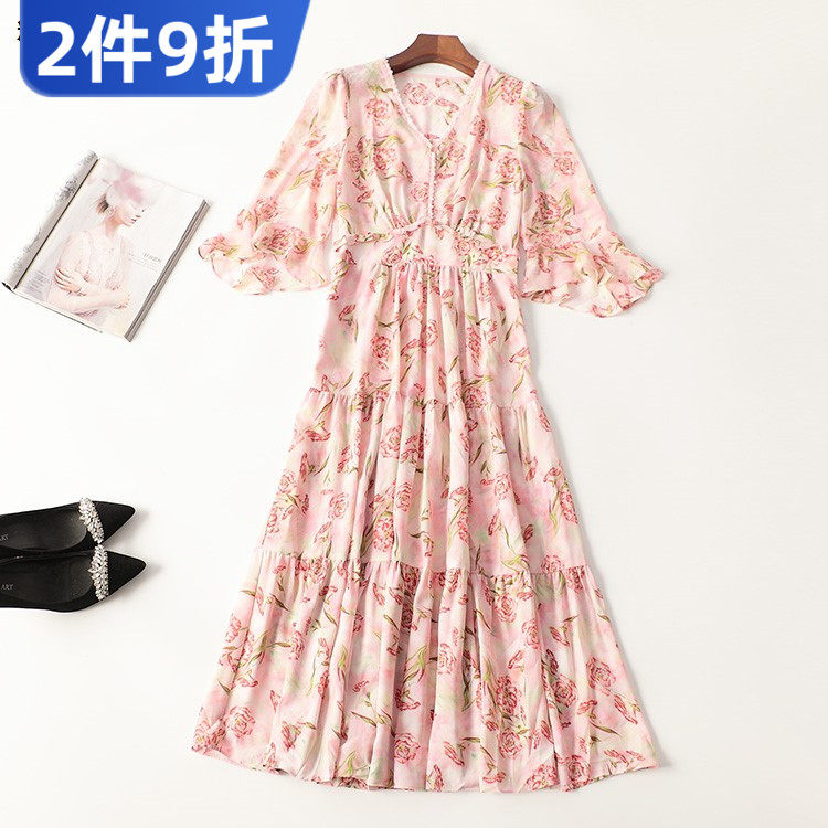 410802 夏连衣裙 女加长款七分袖V领现货