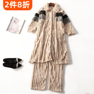 412654 冬外套裤子套装 女加厚珊瑚绒家居服长款九分袖单排扣