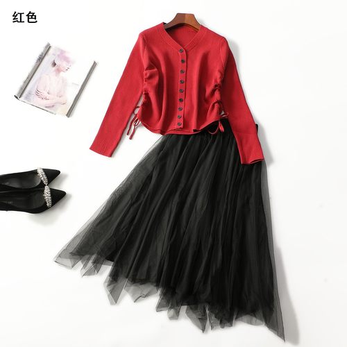 413017 秋针织衫半身裙套装 女中长款长袖单排扣