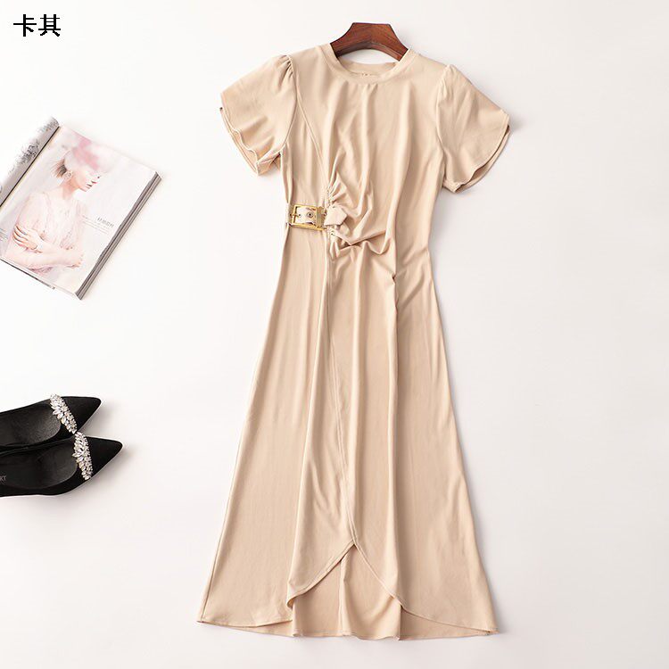 242853 夏尼龙连衣裙 深圳女加长款短袖圆领现货