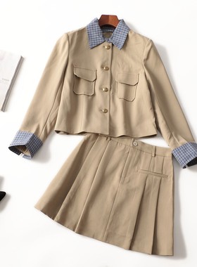 412099 秋短款单排扣长袖外套半身裙套装