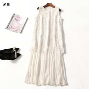 248327洋气女装精品水溶花度假风蕾丝夏加长款套头无袖连衣裙