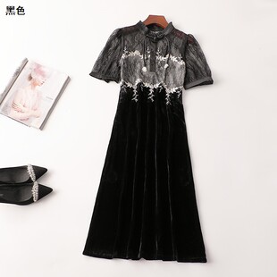 242747 夏加长款立领五分袖丝绒绣花连衣裙