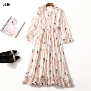 248644好仙！超值精品女装女人味轻柔春大长裙套头长袖连衣裙