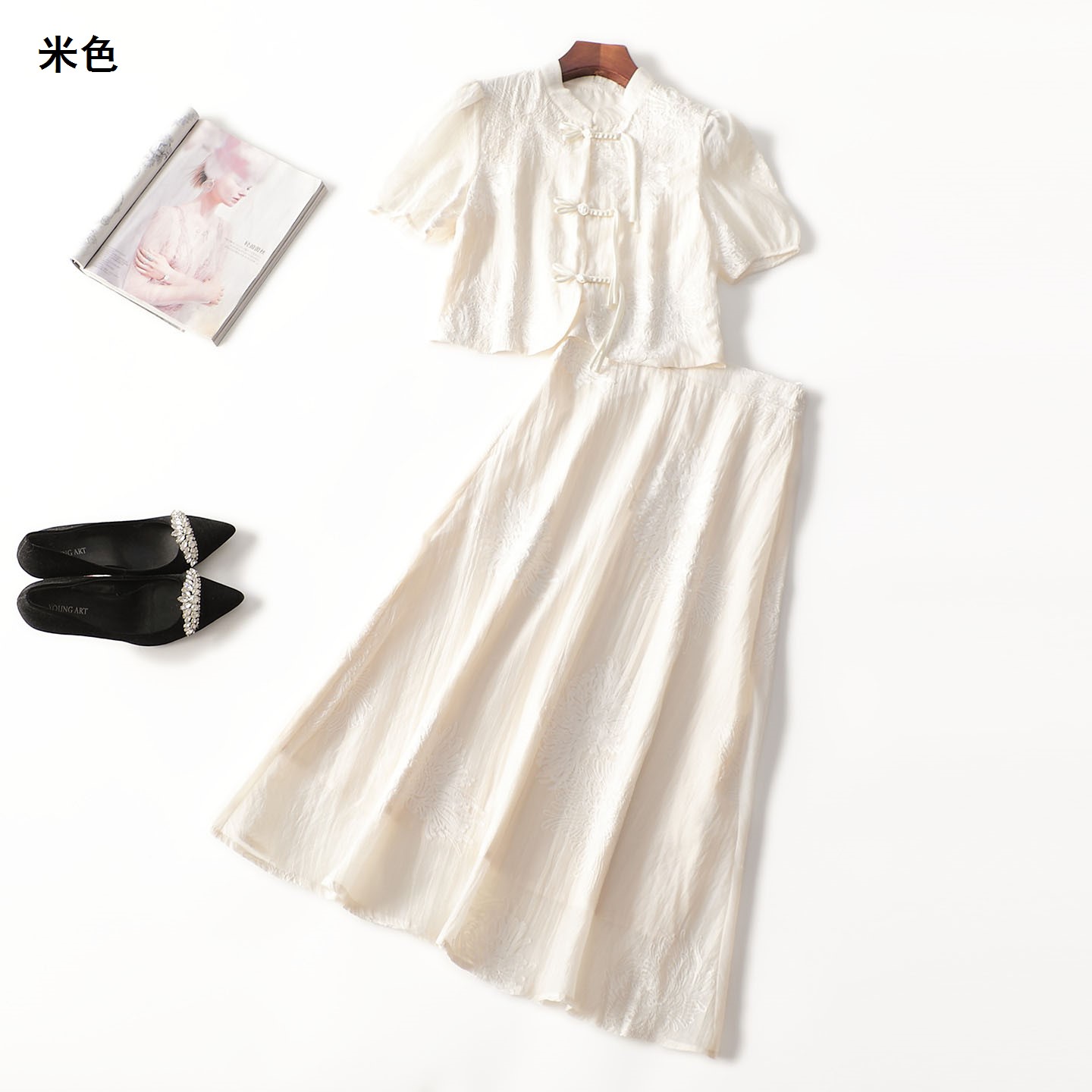 411901 夏衬衣半身裙套装 女长款短袖立领断码清仓